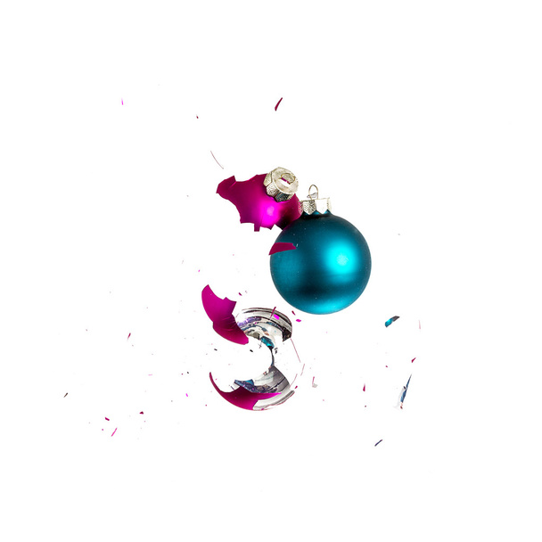 Christmas ball christmas tree ornament decoration impact blue pink explosion shattered - Photo, Image