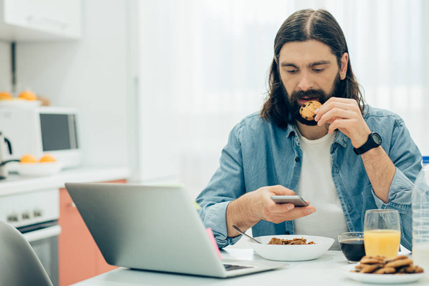 Bearded long haired man biting a chocolate cookie and looking attentively at the screen of his smartphone - Fotografie, Obrázek