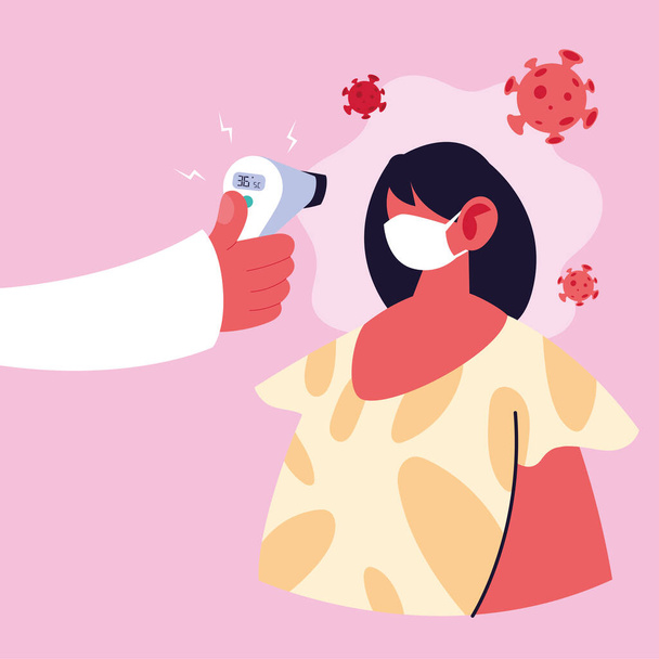 γιατρός μετρά τη θερμοκρασία μιας γυναίκας σε μια ιατρική μάσκα, πρόληψη coronavirus - Διάνυσμα, εικόνα