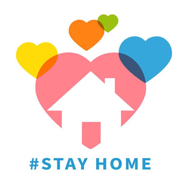 Blijf thuis, huis op gekleurde harten. Veiligheid familie sticker, quarantaine symbool vector illustratie - Vector, afbeelding