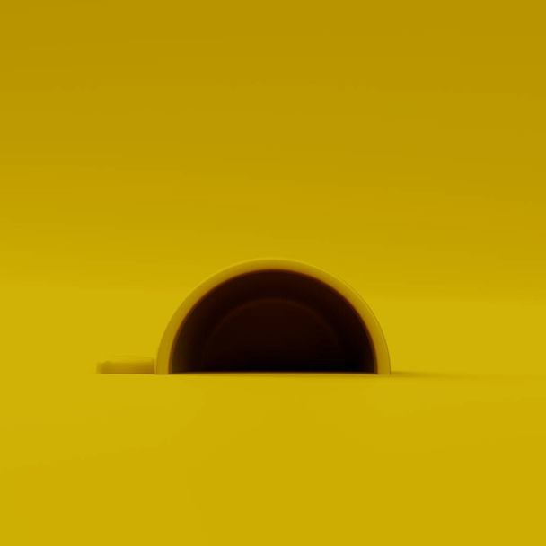 Una taza de café amarillo, la mitad de la taza, sobre un fondo amarillo, concepto mínimo, representación 3D
 - Foto, imagen