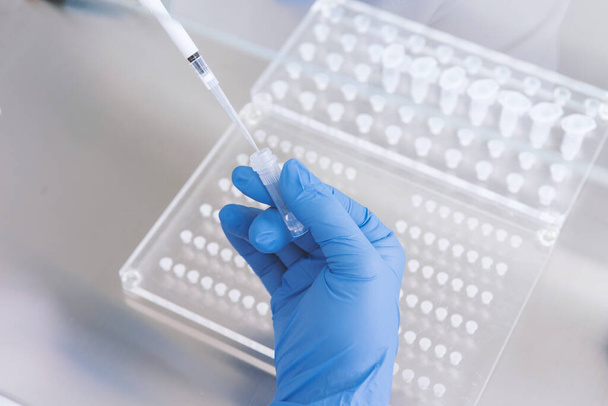 Doctor holding blood tube test in the research laboratory.Corona virus pandemic concept.Coronavirus vaccine development - Photo, Image