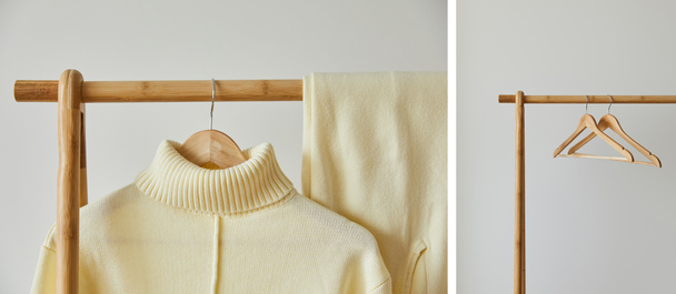 collage of beige knitted soft sweater and pants hanging on wooden hanger on white background - Foto, afbeelding