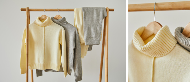 collage of beige and grey knitted soft sweaters and pants hanging on wooden hangers isolated on white - Photo, image