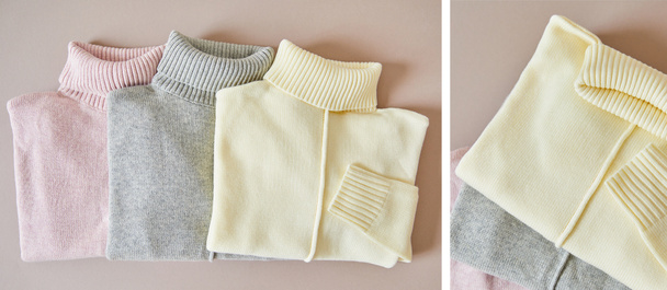 collage de suéteres suaves de punto rosa, beige y gris
 - Foto, imagen