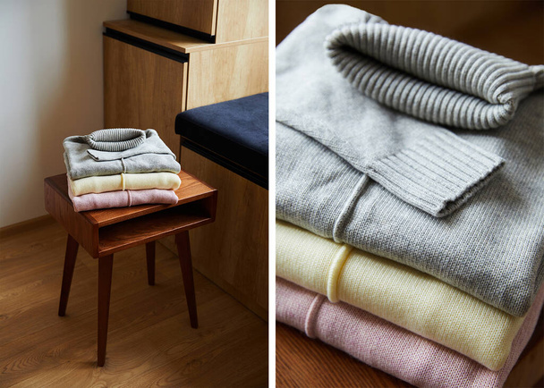 collage of pink, beige and grey knitted soft sweaters on wooden table in room - Photo, Image