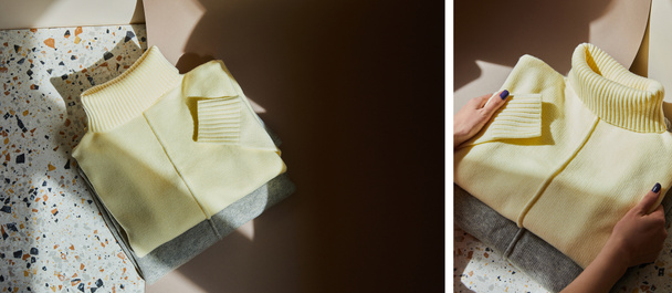 collage di donna che tiene in mano maglioni morbidi in maglia gialla e grigia su pietra e superficie di carta alla luce del sole
 - Foto, immagini
