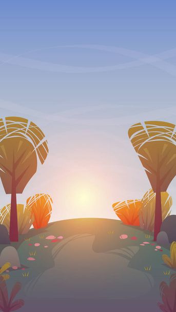 autumn sunset forest nature background . park grass field hill . trees and bushes greenpeace meadow , summer or spring bright happy funny cartoon vector illustration wallpaper - Vector, Image