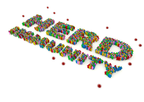 Una representación 3D de la muñeca humana multi color símbolo pila stand en fila palabra inmunidad manada y corona virus símbolo aislado sobre fondo blanco
 - Foto, imagen