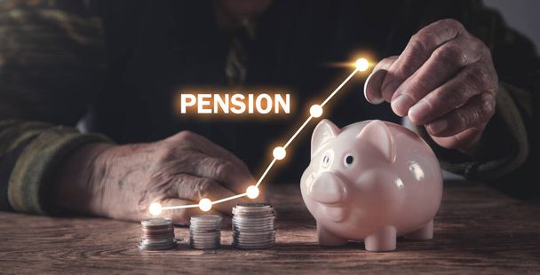 Elderly woman putting money to piggy bank. Growth chart. Pension - Photo, Image