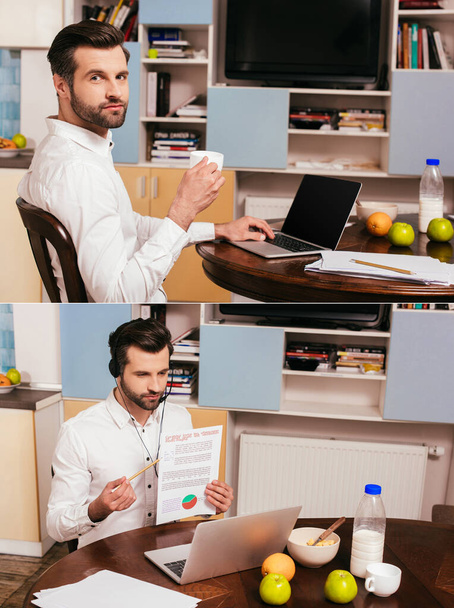 Collage of freelancer drinking coffee and using headset while working at home  - Фото, зображення