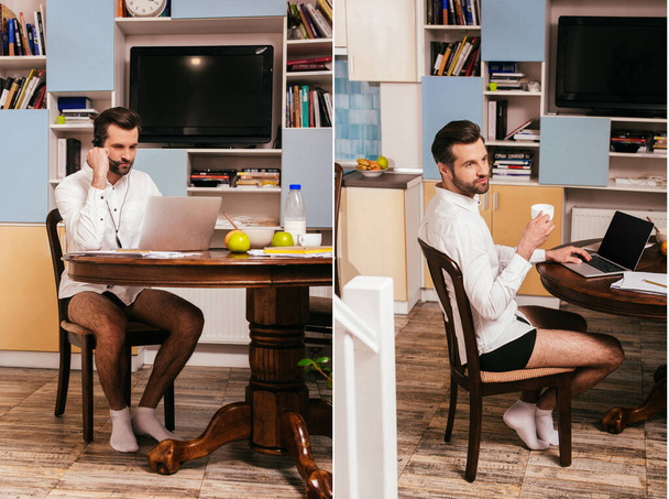 Gömlek ve külot giyen, kahve içen ve evde dizüstü bilgisayarla çalışan bir adam kolajı.   - Fotoğraf, Görsel
