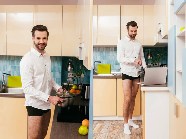 Collage of man in shirt and panties cooking breakfast and using laptop in kitchen  - Zdjęcie, obraz