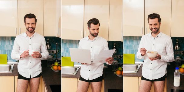 Колаж чоловіка в трусиках і сорочці п'є каву, їсть зерна і працює на кухні
  - Фото, зображення