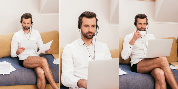 Collage de teletrabajador en camisa y bragas usando auriculares, trabajando con papeles y portátil y bebiendo café en el sofá
  - Foto, Imagen