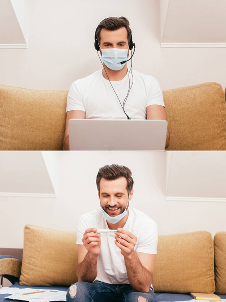 Collage of smiling man holding thermometer and working with headset and laptop at home  - Photo, Image