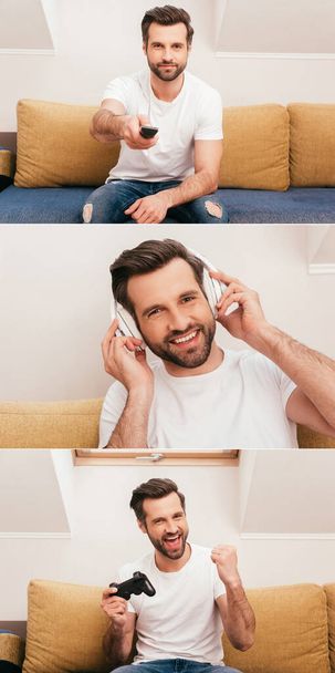 KYIV, UKRAINE - APRIL 14, 2020: Collage of handsome man using remote controller, headphones and playing video game on couch  - Foto, Imagem