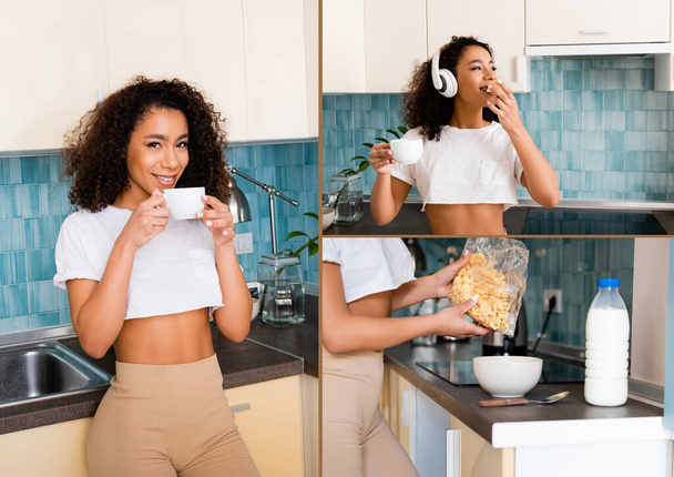 Collage eines glücklichen afrikanisch-amerikanischen Mädchens mit drahtlosen Kopfhörern, das Toastbrot isst, Tassen und Cornflakes in der Nähe von Schüssel und Flasche mit Milch hält  - Foto, Bild