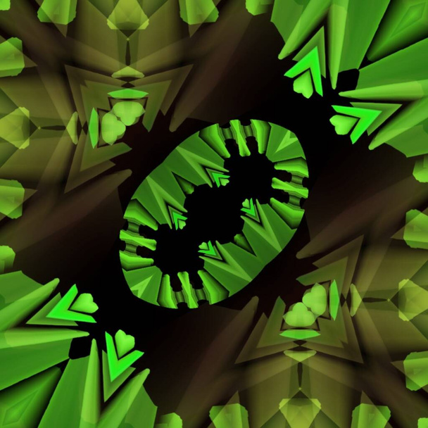 φωτεινό νέον πράσινο σπιράλ μοτίβα σε μαύρο φόντο δημιουργώντας πολλά περίπλοκα σχήματα και σχέδια σε τετράγωνο σχήμα - Φωτογραφία, εικόνα