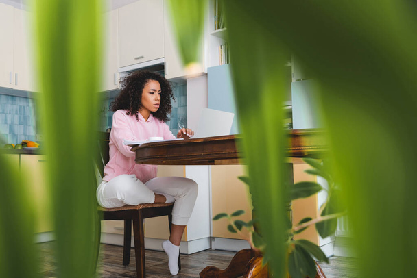 szelektív fókusz göndör afro-amerikai szabadúszó segítségével laptop közelében csésze otthon - Fotó, kép