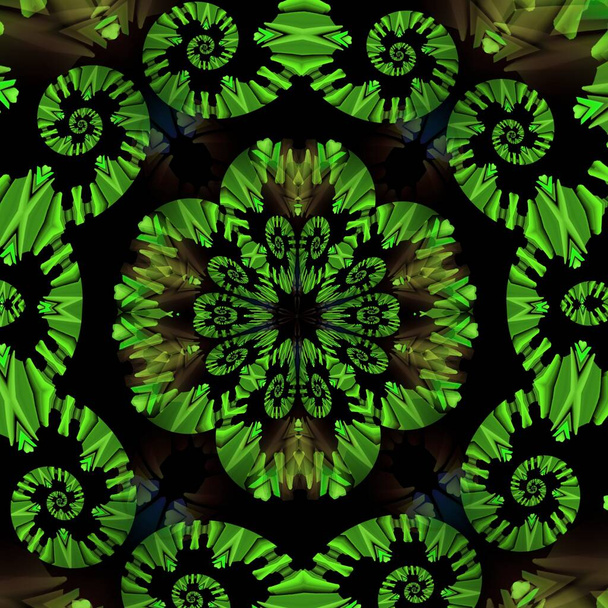 Siyah zemin üzerinde parlak neon yeşil spiral desenler kare biçiminde birçok karmaşık şekil ve tasarım oluşturur. - Fotoğraf, Görsel