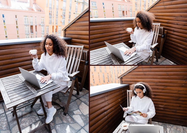 colagem de freelancer afro-americano em fones de ouvido sem fio usando laptops e segurando copos
 - Foto, Imagem