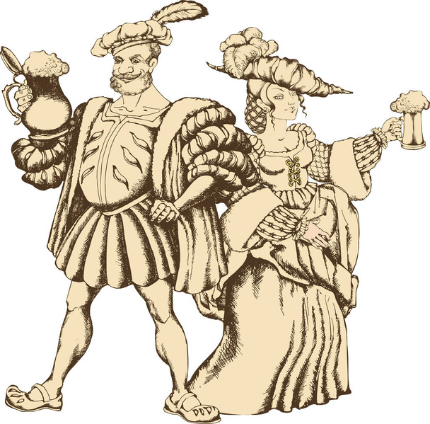 Middeleeuwse cavalier en mooi meisje met biermokken. Een gegraveerde stijl. Vectorillustratie - Vector, afbeelding