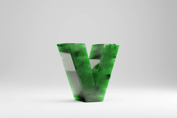 Jade 3d letter V lowercase. Jade letter isolated on white background. Green jade semitransparent stone alphabet. 3d rendered font character. - Foto, immagini