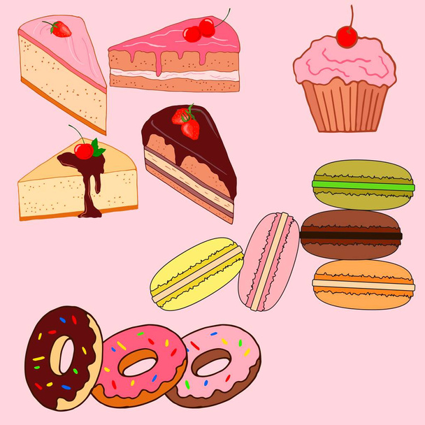 conjunto de piezas de pasteles con una crema diferente, ilustración vectorial para diferentes diseños
 - Vector, Imagen