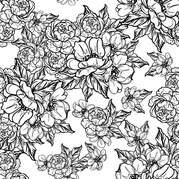 Seamless monochrome vintage style flowers pattern - Вектор,изображение
