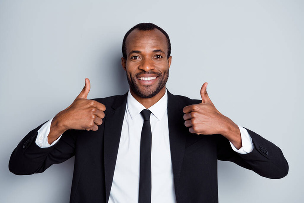Portrait of his he nice attractive classy cheerful cheery glad guy showing double thumbup great good excellent result deal done isolated over grey pastel color background - Foto, immagini