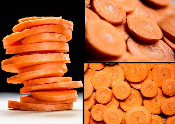 collage of fresh ripe carrot slices isolated on black - Fotó, kép