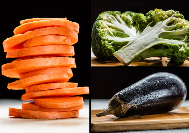 Collage aus frischen reifen Karottenscheiben, Brokkoli und nassen Auberginen isoliert auf schwarz - Foto, Bild