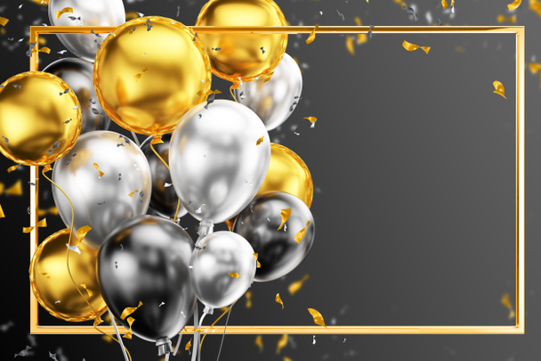 Birthday balloons with confetti. Golden frame. 3D render. - Photo, Image