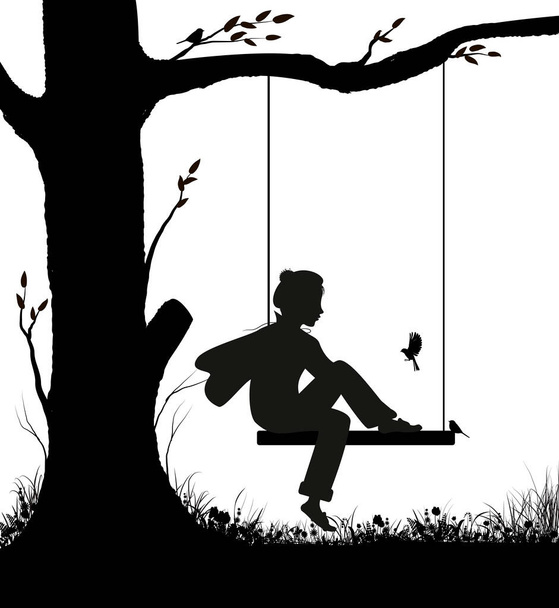 Дитячі спогади, хлопчик сидить на гойдалках і дивиться на цицьок птахів, мрійливий парк сцени в чорно-білому, тіньова історія
, - Вектор, зображення