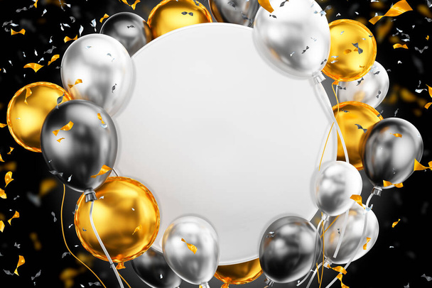 Geburtstagsballons mit Papierkugel für Kopierraum. Goldenes Konfetti. 3D-Renderer. - Foto, Bild