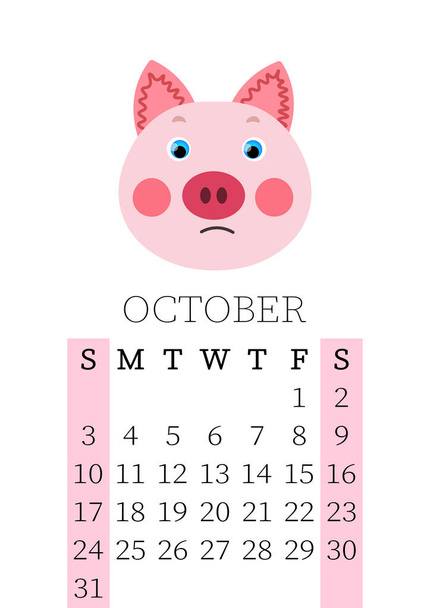 Calendar 2021. Monthly calendar for October 2021 from Sunday to Saturday. Yearly Planner. Templates with cute hand drawn face animals. Vector illustration. Great for kids. Calendar page for print. - Διάνυσμα, εικόνα