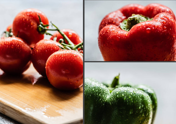 collage of fresh ripe vegetables with water drops - Photo, Image
