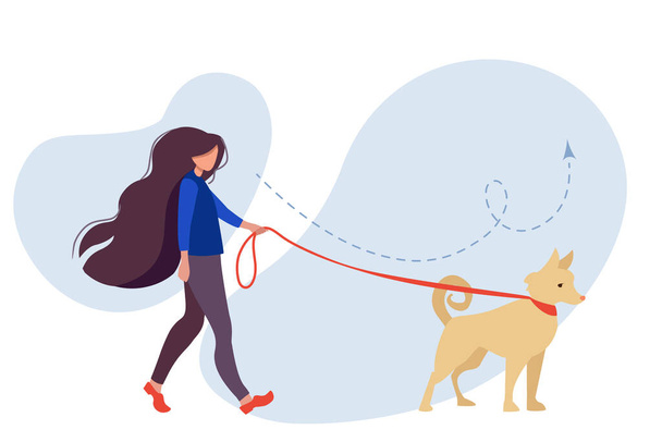 Mujer paseando a un perro en el verano. Linda ilustración vectorial en estilo plano. Mujer joven, adolescente o estudiante, paseadora profesional paseando a un perro con una correa ilustración
 - Vector, Imagen