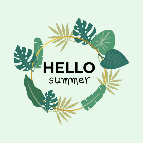 Hallo Summer. Modern kalligrafisch T-shirt ontwerp met platte palmbomen op heldere kleurrijke aquarelachtergrond. Levendige vrolijke optimistische zomer flyer, poster, stof print ontwerp in vector - Vector, afbeelding