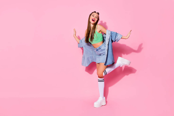 Full length body size view of nice-looking glamorous attractive lovely trendy slim fit cheerful cheery girl having fun dancing leisure party shadow isolated over pink pastel color background - Photo, image