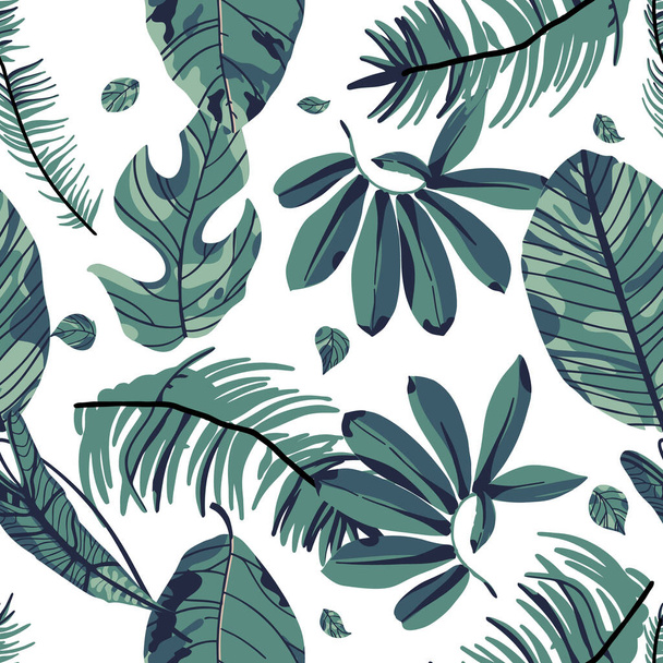 Tropical green palm leaves, jungle leaf seamless pattern on black background. Vector illustration in trendy style. - Вектор,изображение