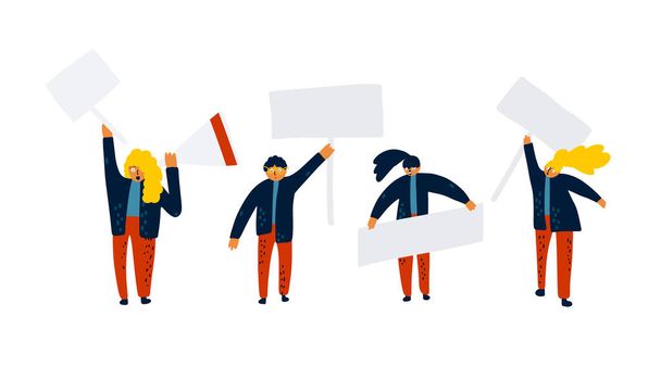 Crowd of protesting people holding banners and placards. women taking part in political meeting, parade or rally. Group of male and female protesters or activists. Vector illustration. - Vector, Image