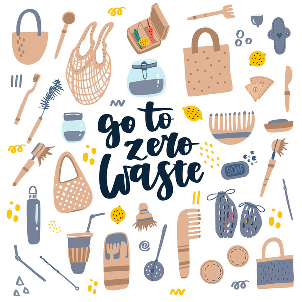 Hand drawn elements of zero waste life in vector. Eco style. Lettering quote - go to zero waste. - Vector, Image
