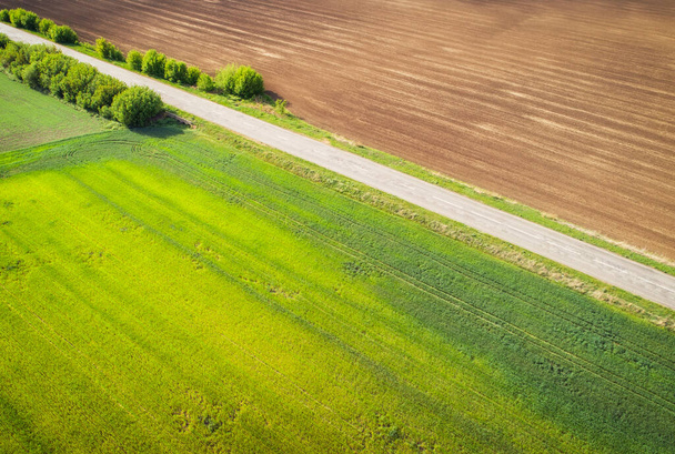 Aerial view of agricultural fields and broken patched road. Natural grass.  - Foto, Imagen