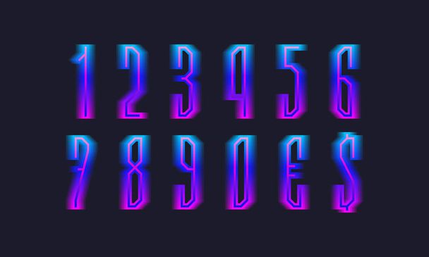Blauw roze gradiënt geïsoleerde nummers en valuta tekens. Lichtgevende weergave lettertype. - Vector, afbeelding