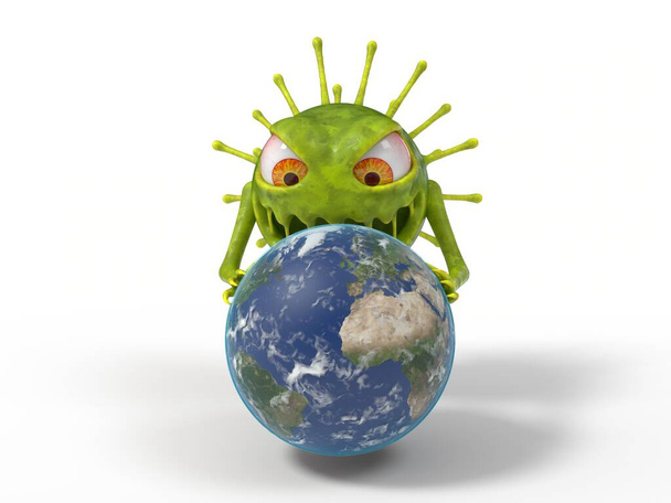 攻撃地球を持つコロナウイルスモンスター。covid-19やコロナなどのウイルスのテーマに適しています。3Dイラスト,漫画ウイルスキャラクター - 写真・画像