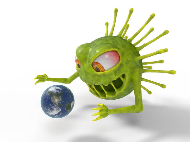 corona virus monster with attacks earth. suitable for covid-19, corona and other virus themes. 3D illustration, cartoon virus character - Photo, Image