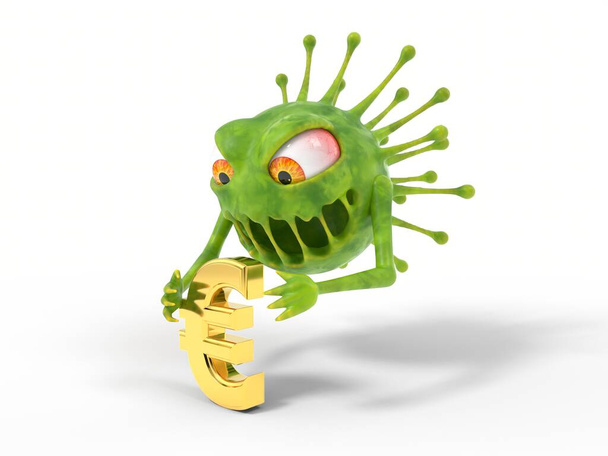 Το τέρας του ιού Κορόνα επιτίθεται στο σήμα του ευρώ. κατάλληλο για covid-19, corona και άλλα θέματα ιών. 3D εικονογράφηση, χαρακτήρας του ιού κινουμένων σχεδίων - Φωτογραφία, εικόνα