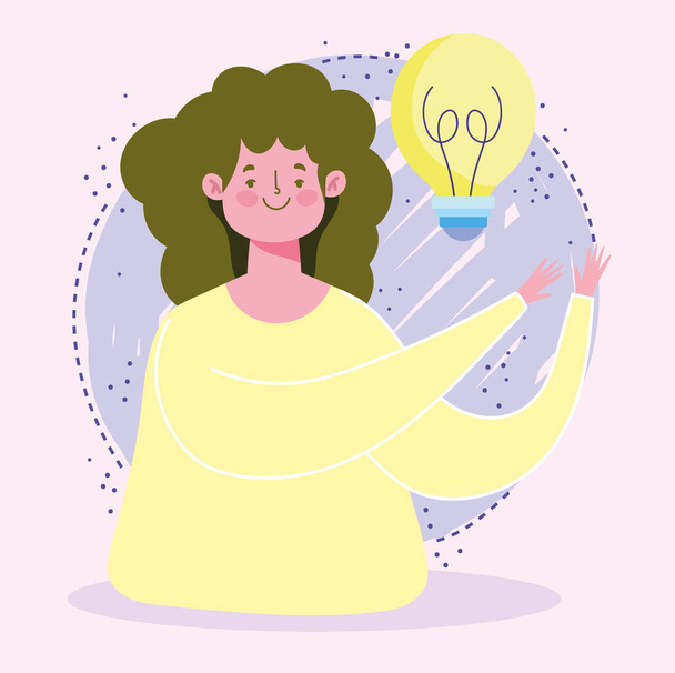 éducation en ligne, jeune fille étudiante avec bulb idée dessin animé
 - Vecteur, image